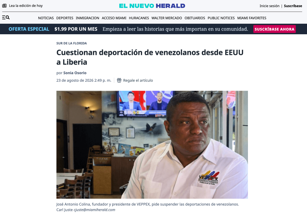 Venezolanos Perseguidos Políticos en el Exilio (VEPPEX), alertó que el traslado a un tercer país podría poner en riesgo a personas protegidas bajo la Convención contra la Tortura (CAT) u otras disposiciones que les impiden ser devueltos a Venezuela, y pidió a EEUU explicar qué garantías tendrán en Liberia.